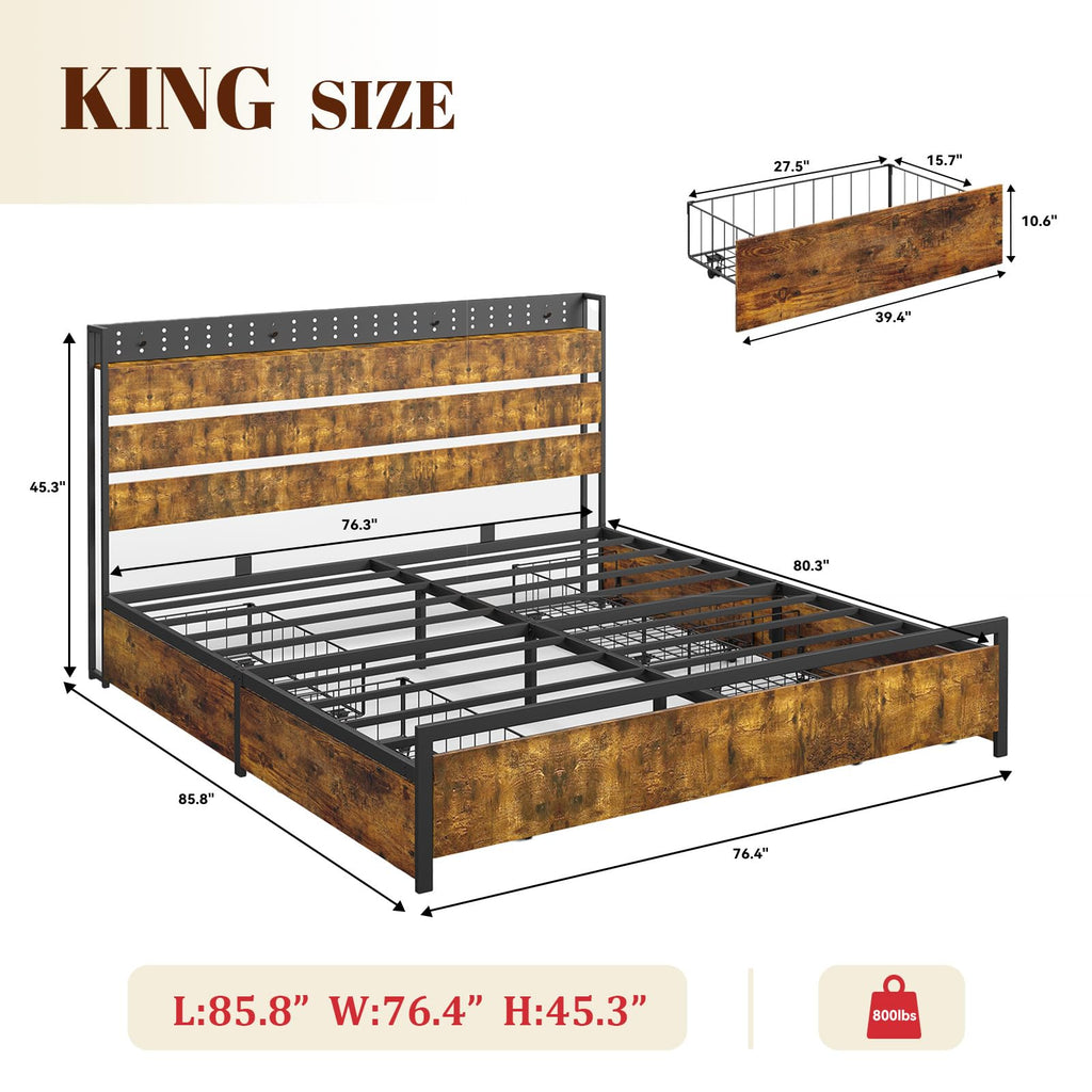 King Size Storage Bed Frame with 4 Drawers, Metal Bed Frame with Headboard Charging Station & Led Lights, Heavy Duty Platform Bedframe, No Box Spring Needed, Noise Free, Easy Assembly, Brown N5740