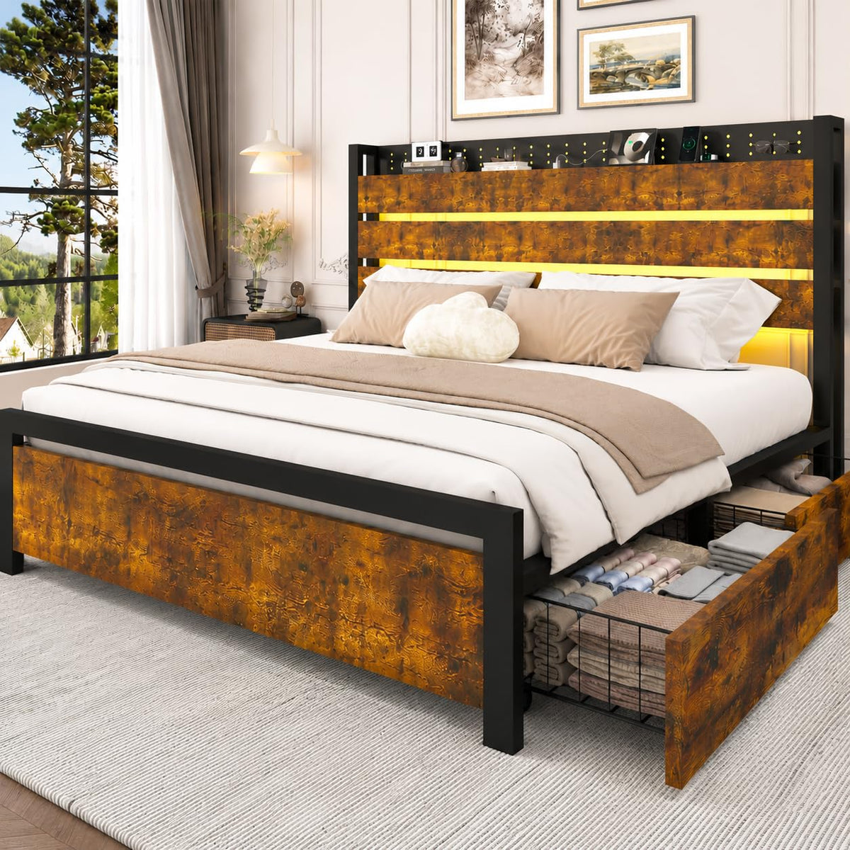 King Size Storage Bed Frame with 4 Drawers, Metal Bed Frame with Headboard Charging Station & Led Lights, Heavy Duty Platform Bedframe, No Box Spring Needed, Noise Free, Easy Assembly, Brown N5740