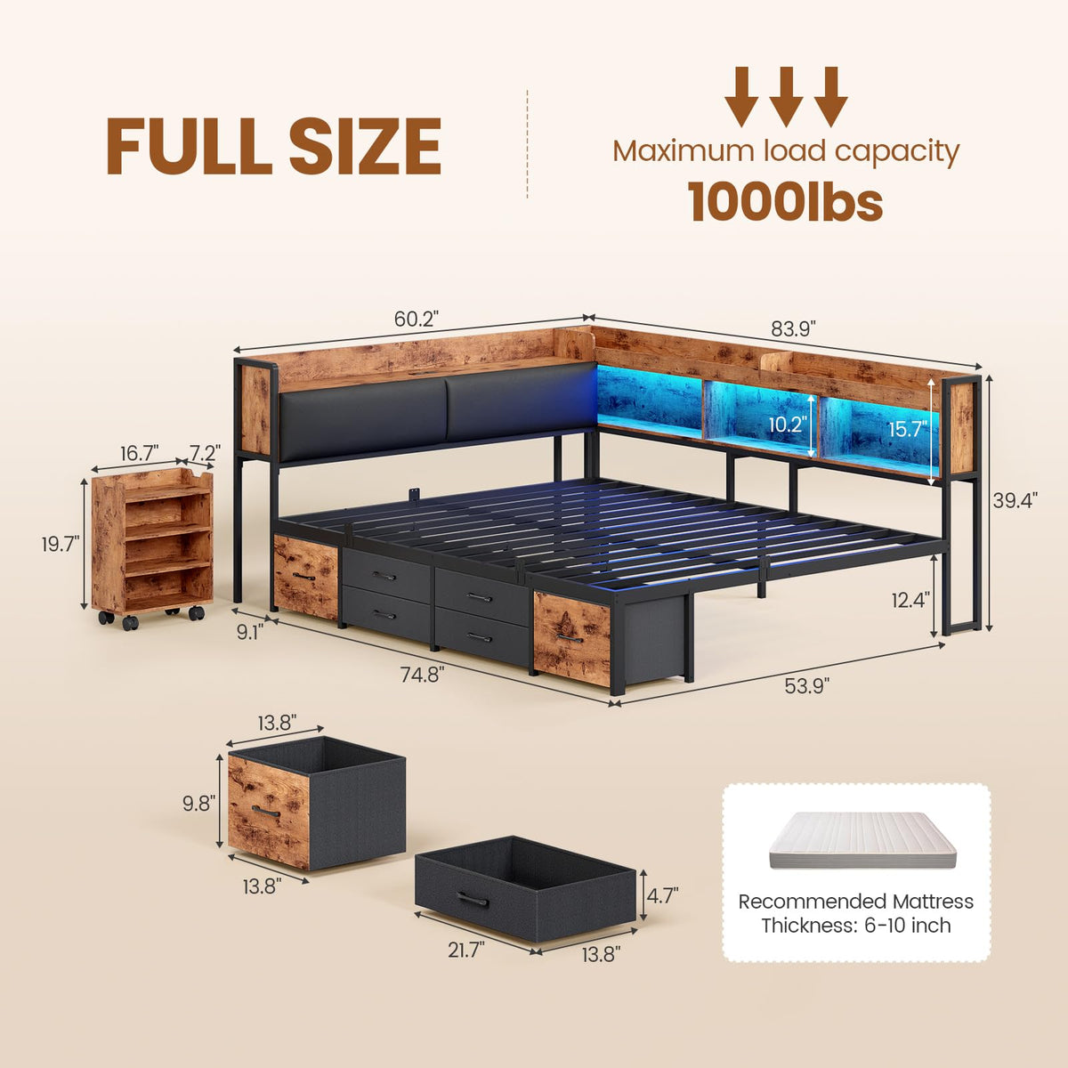 Full Corner Bed Frame with Bookcase Hidden Storage Pull-Out Cabinet Charging Station J1449