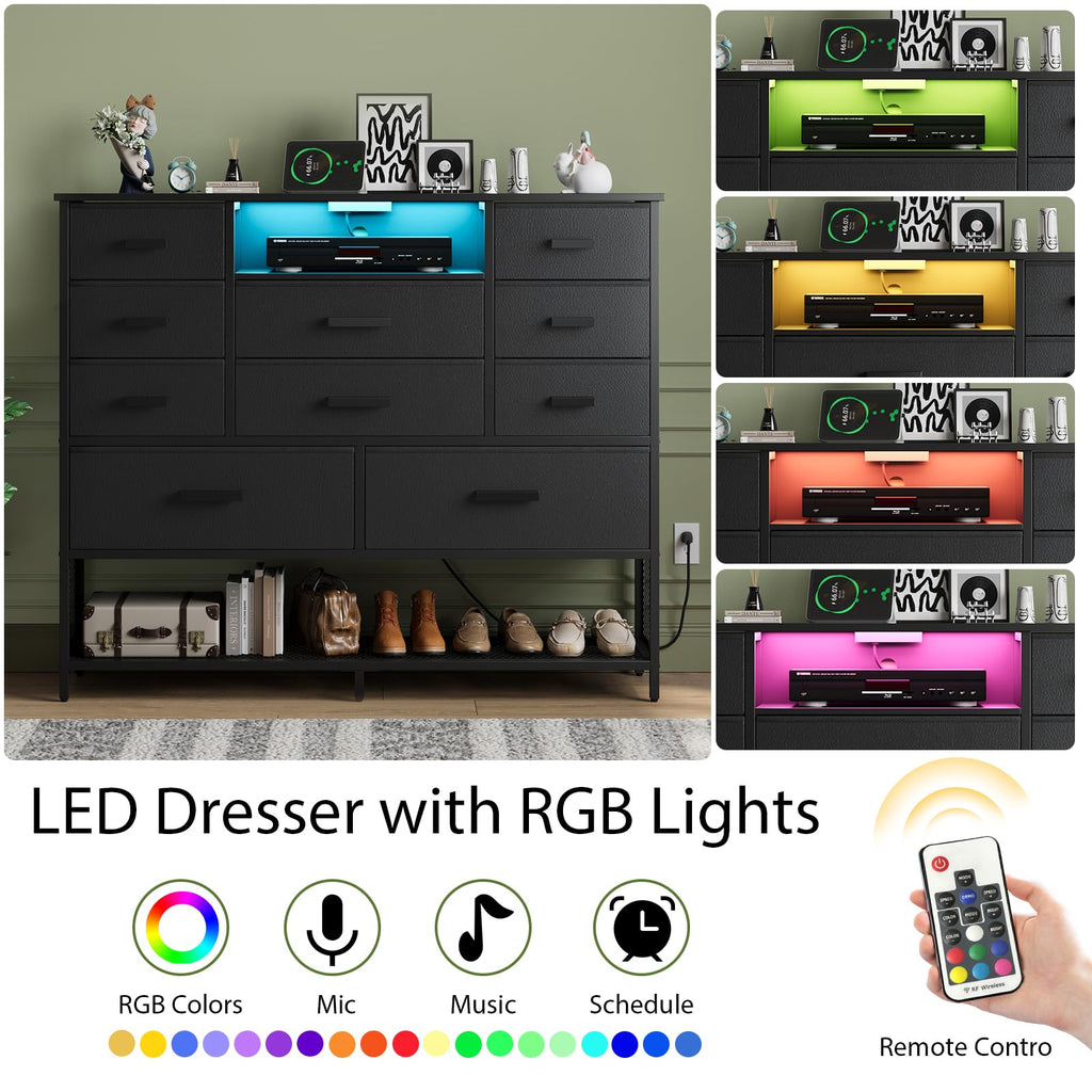 Black 10 Drawer Dresser with Charging Station and LED Light V582680