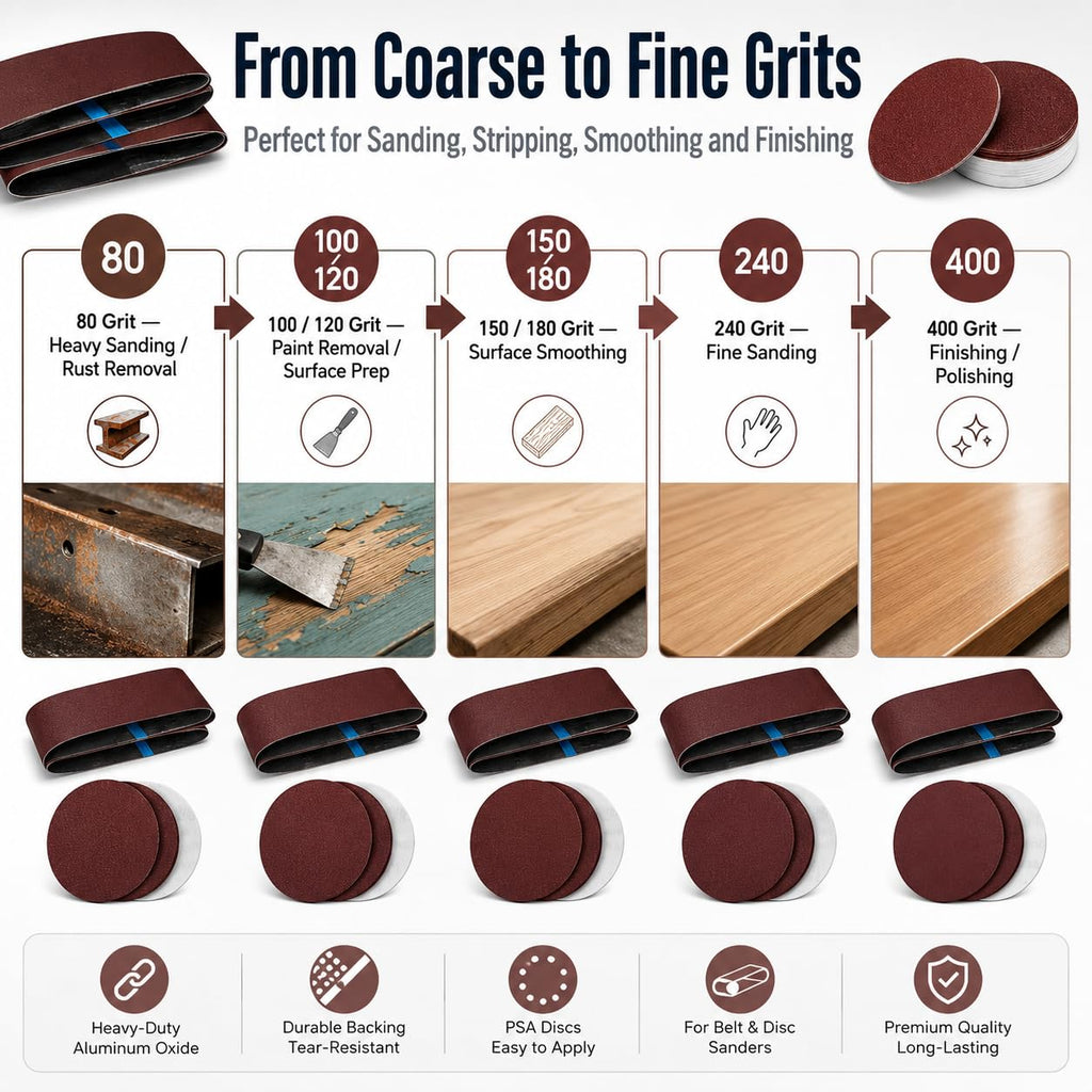 34 Pieces Sanding Belts and PSA Sanding Discs Set Alumina O607
