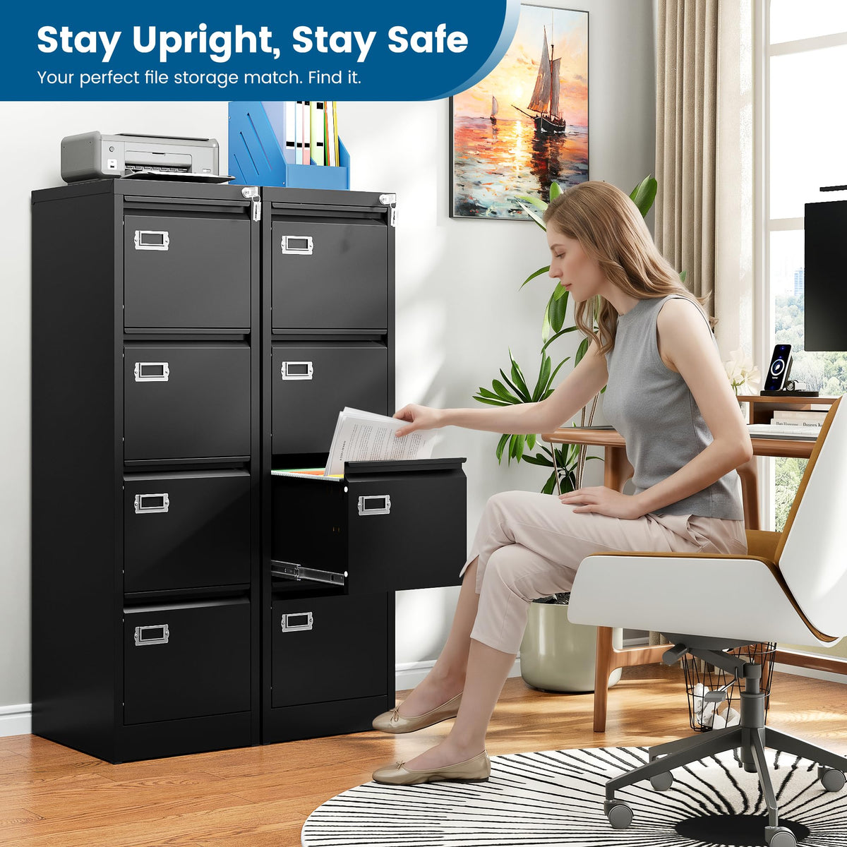 Black 4 Drawer Metal File Cabinet with Lock E59949