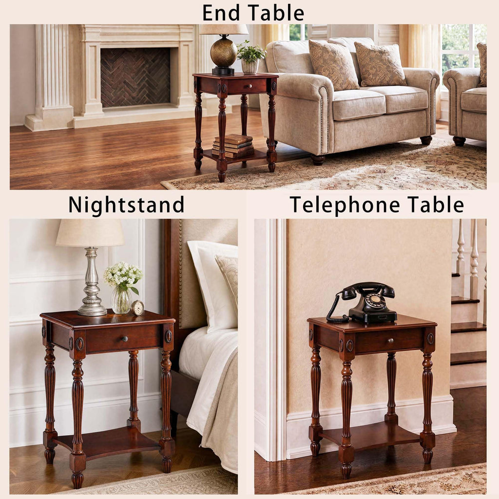 Solid Wood Side Table with Drawer, Cherry Walnut F223