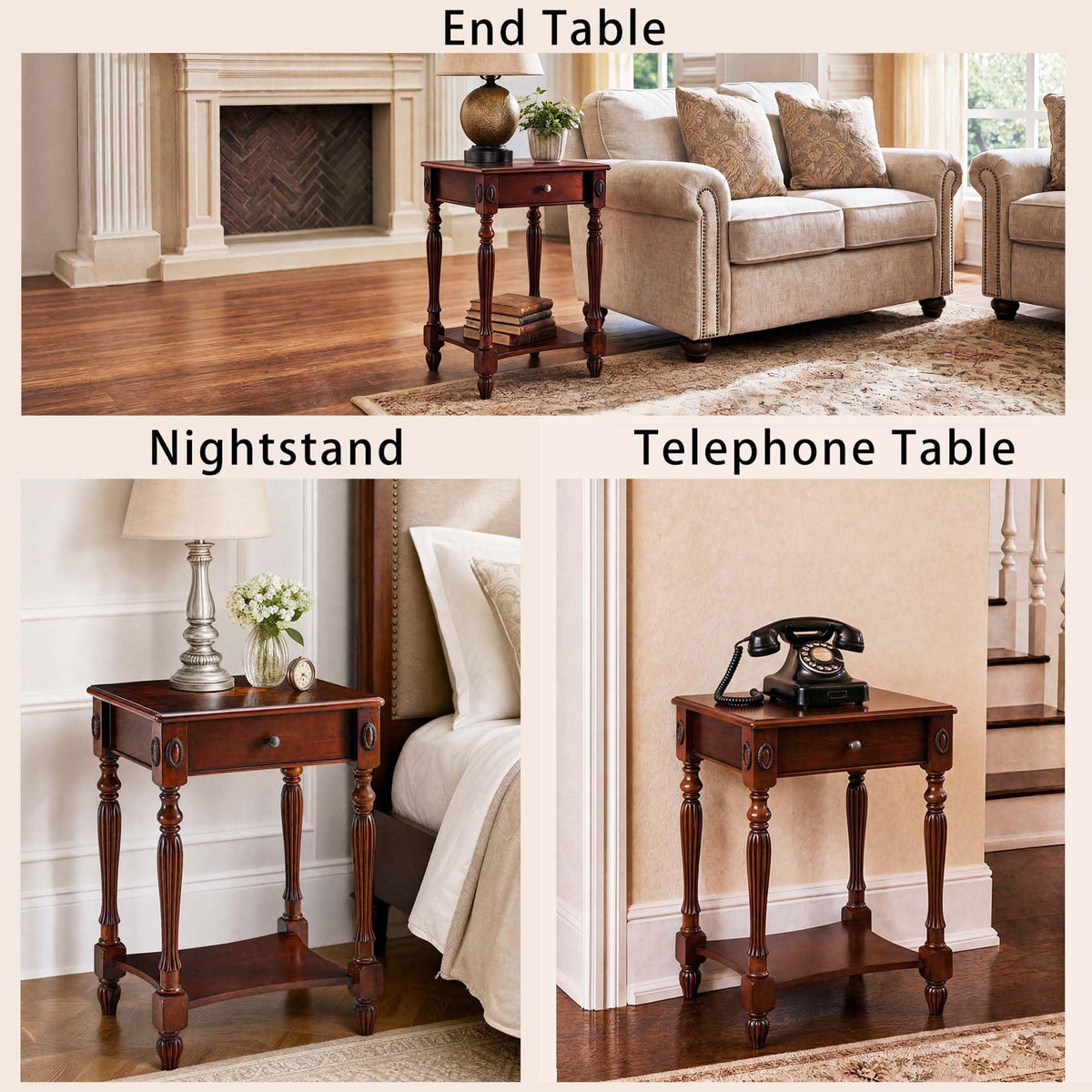 Solid Wood Side Table with Drawer, Cherry Walnut F223