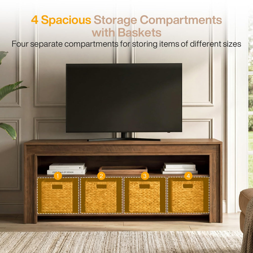 63" Wooden TV Stand with 4 Woven Baskets F10481
