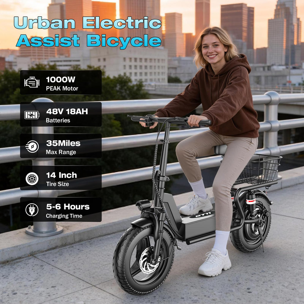 Electric Scooter with Seat, 1000W Peak Motor, 25 MPH, 14" Pneumatic Tires N248311