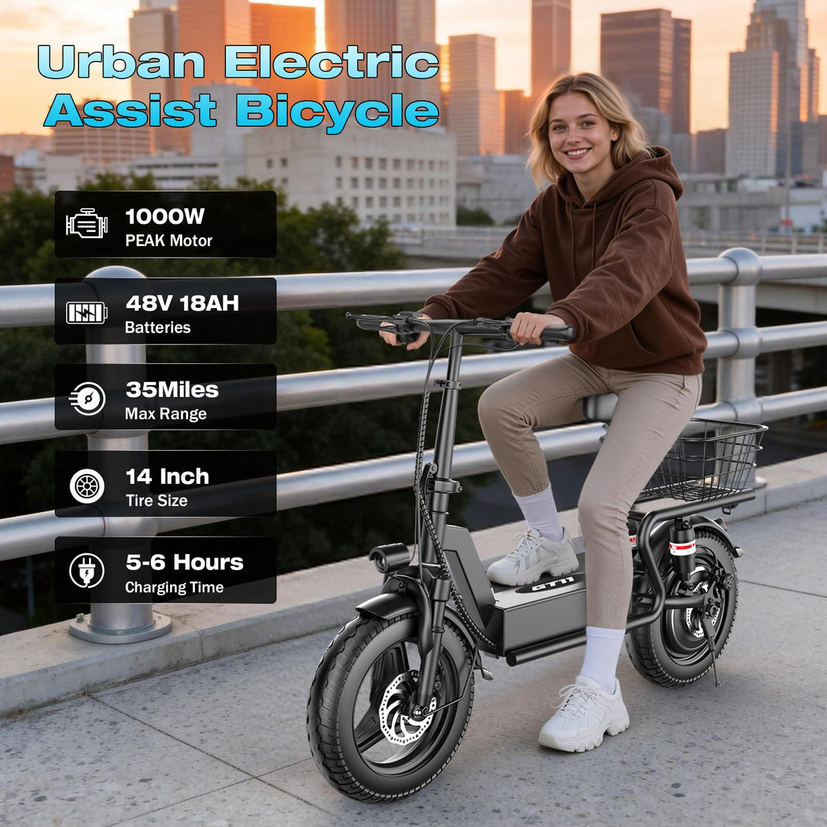 Electric Scooter with Seat, 1000W Peak Motor, 25 MPH, 14" Pneumatic Tires N248311