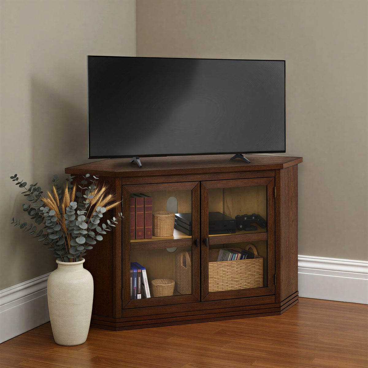 Cocoa Brown Wood and Glass Corner TV Stand R764