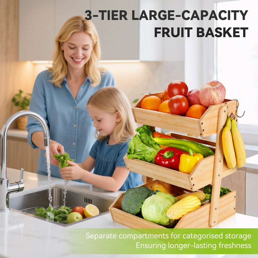 3 Tier Bamboo Fruit Basket with 2 Banana Hangers L37023