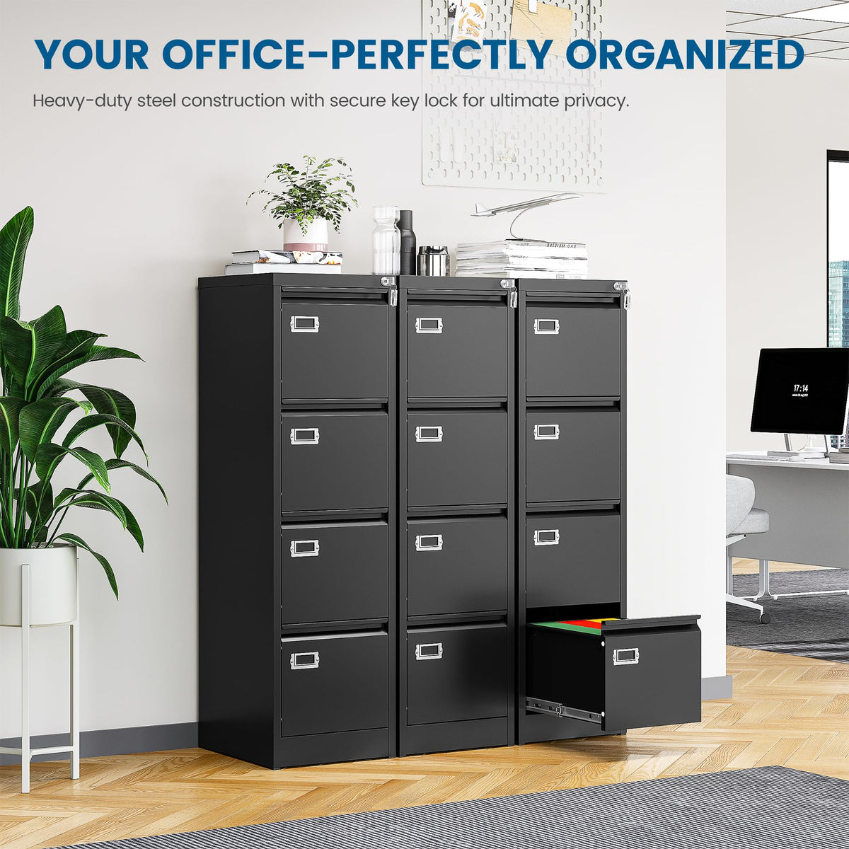 Black 4 Drawer Metal File Cabinet with Lock E59949