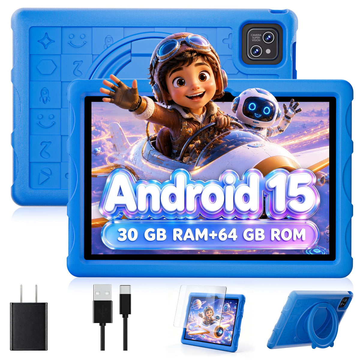10.1 inch Android 15 Tablet with Drop-proof Case Blue Z7229
