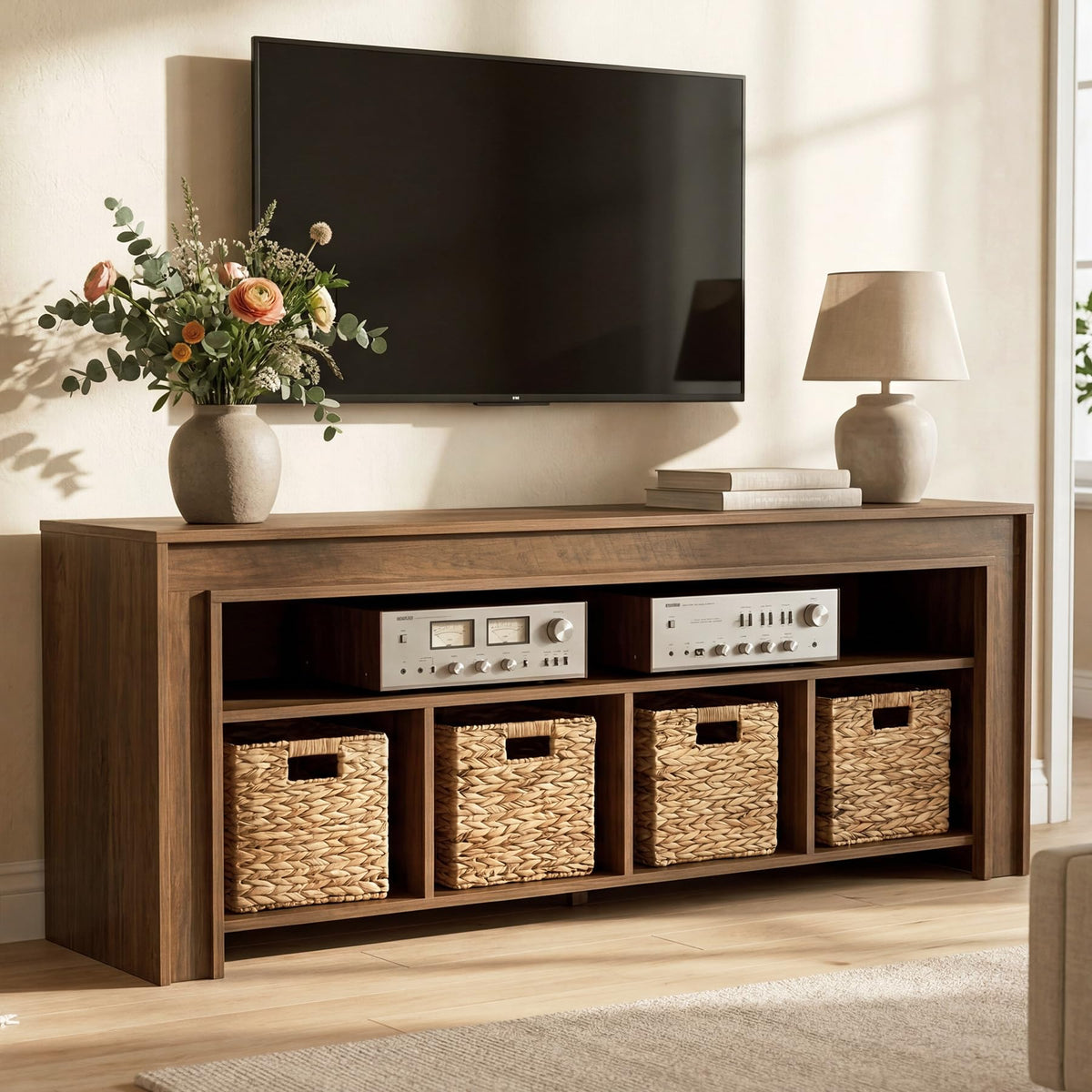 63" Wooden TV Stand with 4 Woven Baskets F10481
