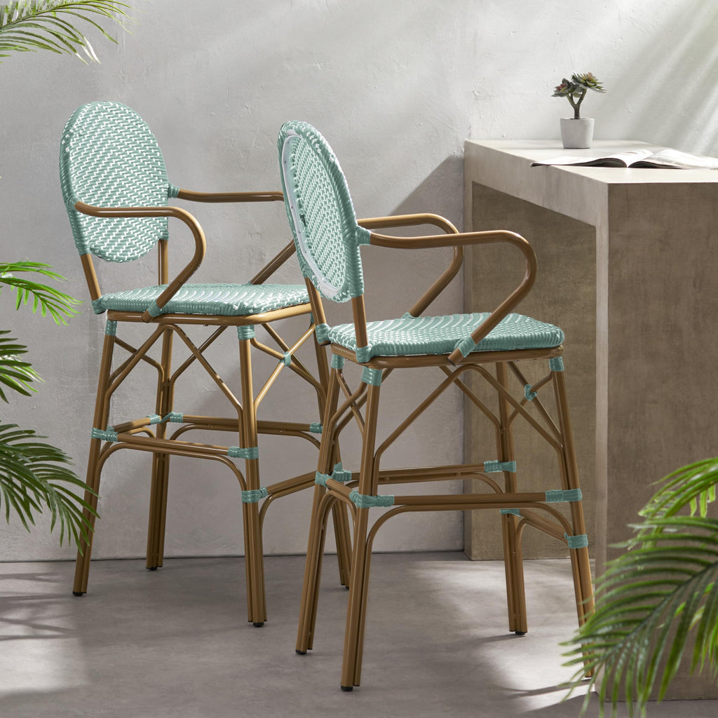 Teal Bamboo Print Wicker Aluminum Bar Stools Set of 2 I690