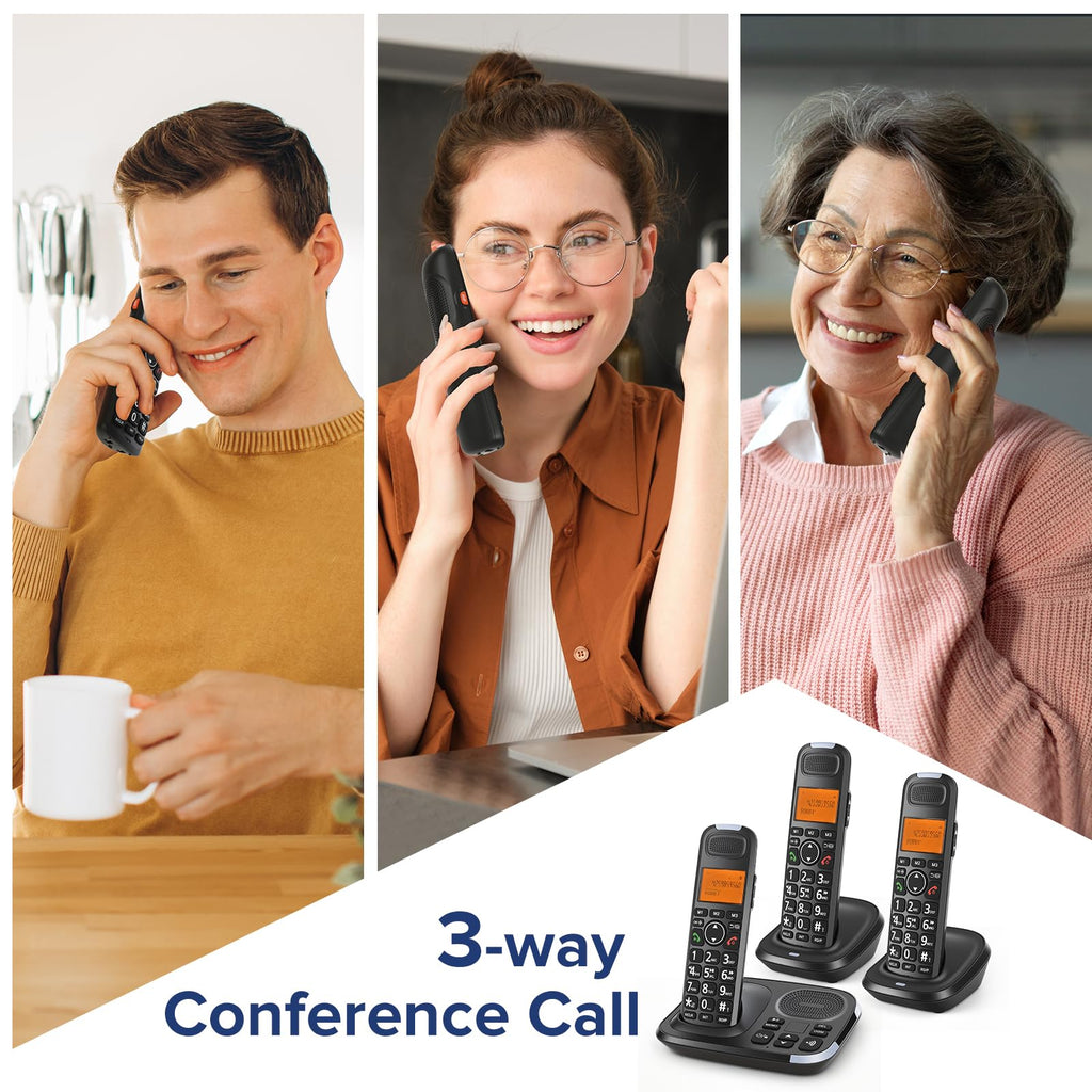 Black Cordless Phone System with Answering Machine, 3 Handsets H6814