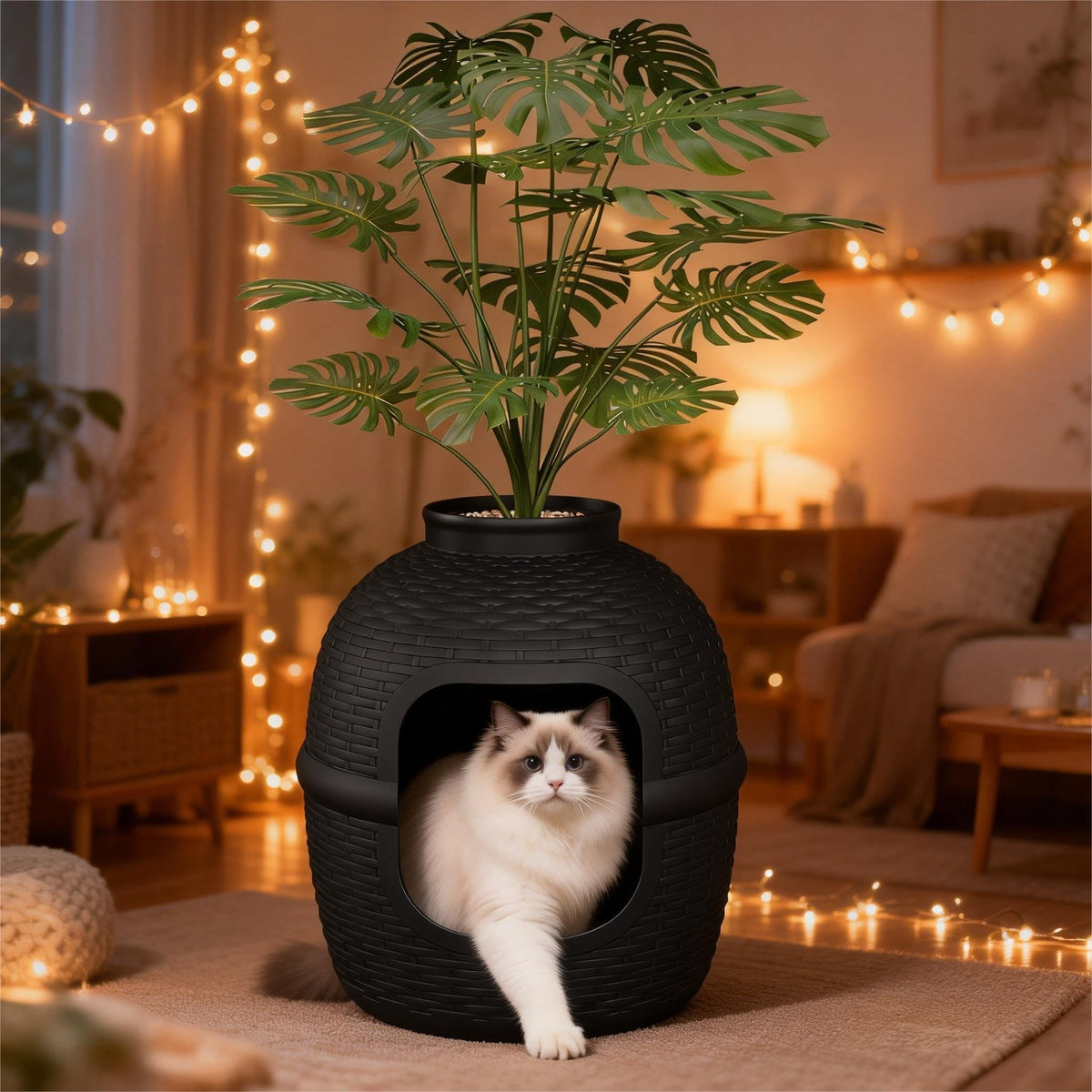 Black Large Cat Litter Box with Faux Plant K944908