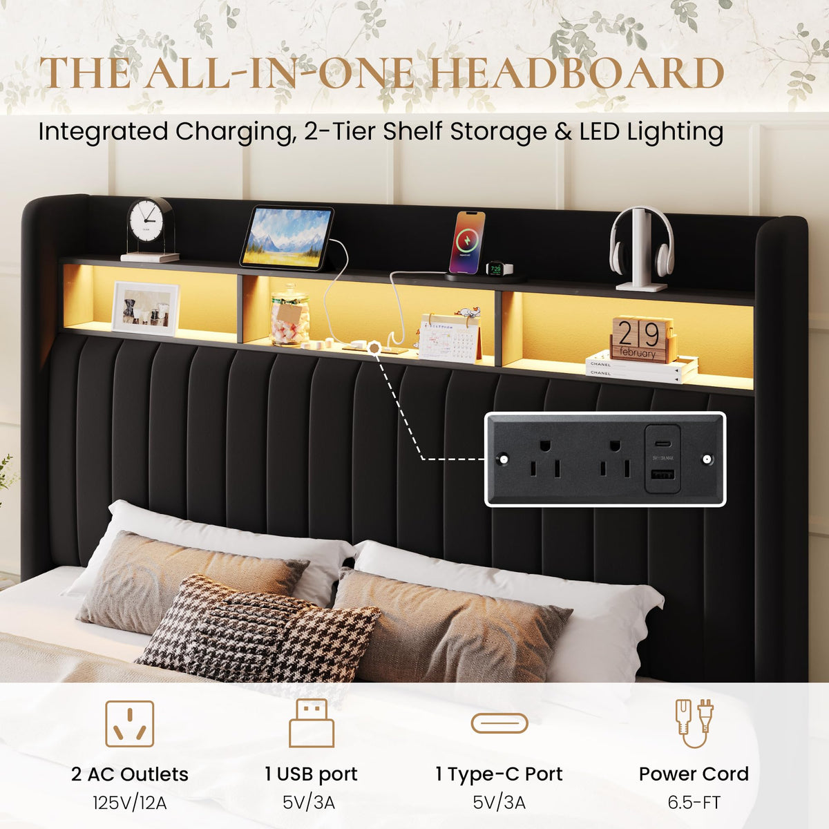 Full Size Velvet Upholstered Platform Bed Frame with Storage Shelf M10303