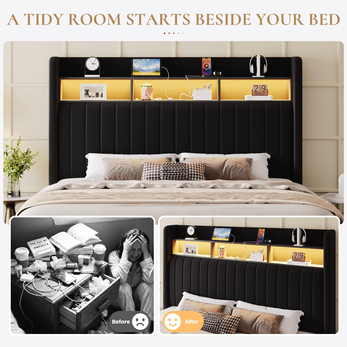 Full Size Velvet Upholstered Platform Bed Frame with Storage Shelf M10303