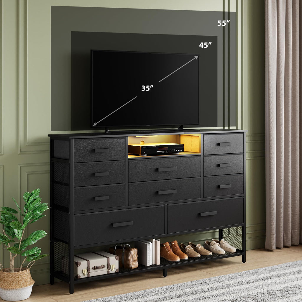 Black 10 Drawer Dresser with Charging Station and LED Light V582680