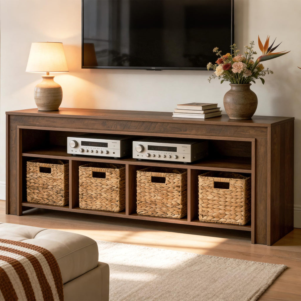 63" Wooden TV Stand with 4 Woven Baskets F10481