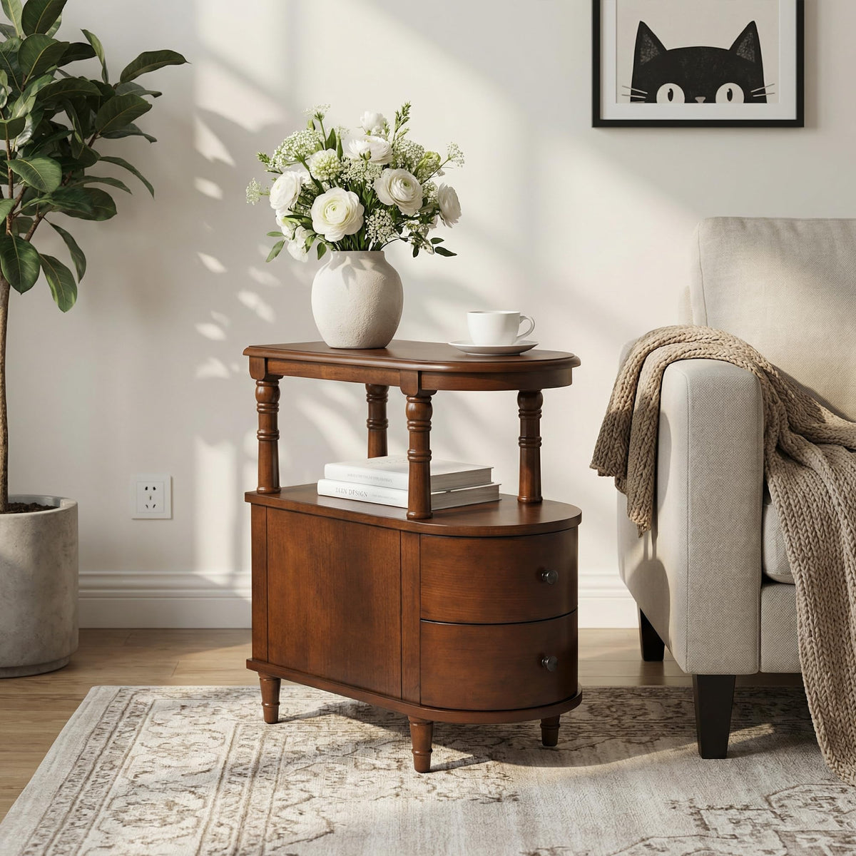 Narrow Solid Cherry Wood Side Table with Drawers P604515