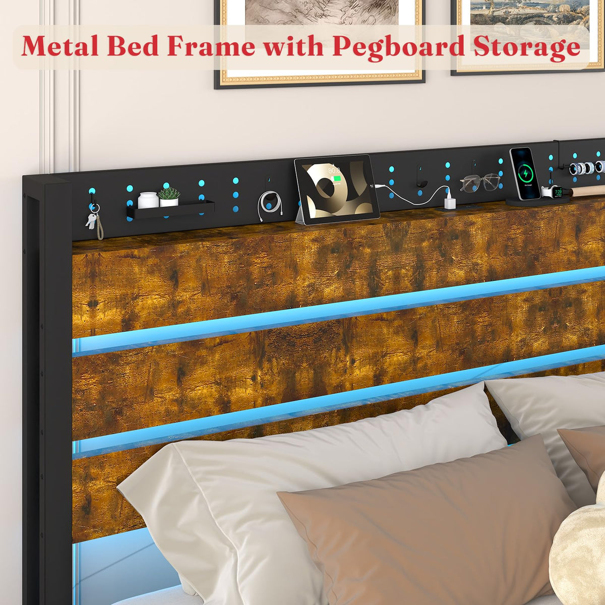 King Size Storage Bed Frame with 4 Drawers, Metal Bed Frame with Headboard Charging Station & Led Lights, Heavy Duty Platform Bedframe, No Box Spring Needed, Noise Free, Easy Assembly, Brown N5740
