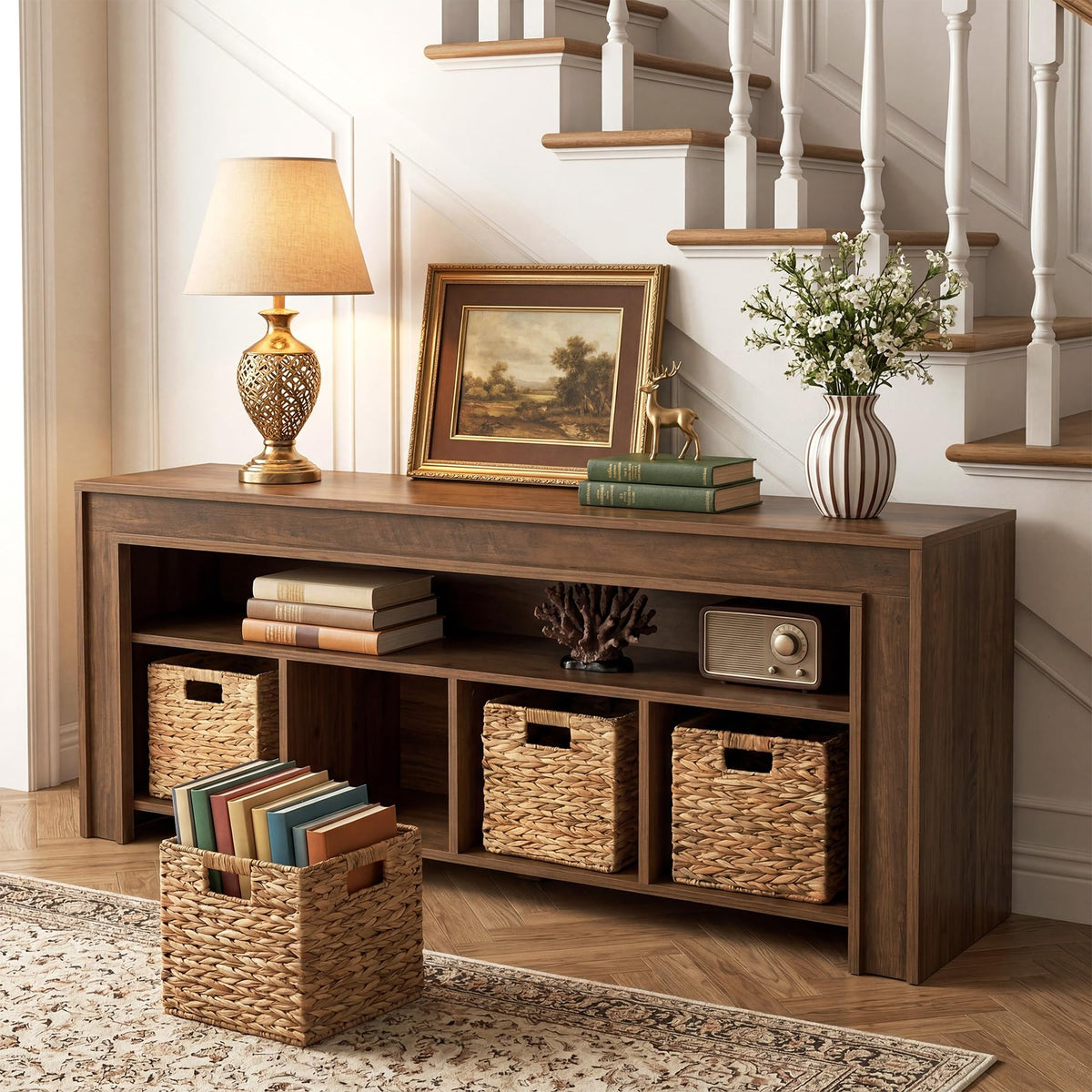 63" Wooden TV Stand with 4 Woven Baskets F10481