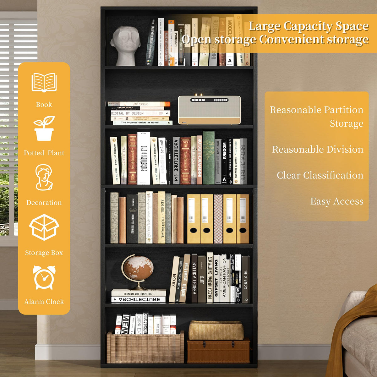 6-Tier Black Bookshelf V665