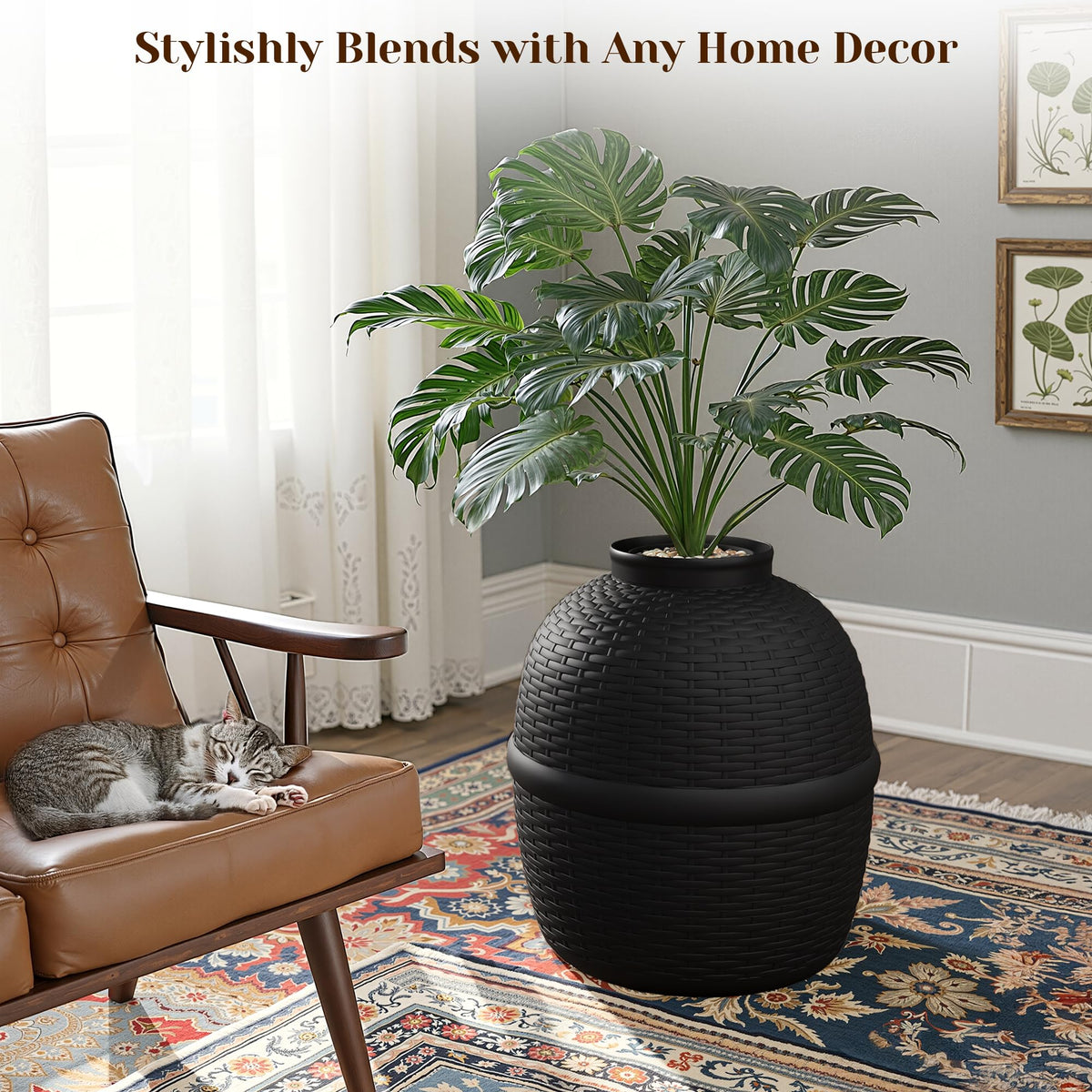 Black Large Cat Litter Box with Faux Plant K944908
