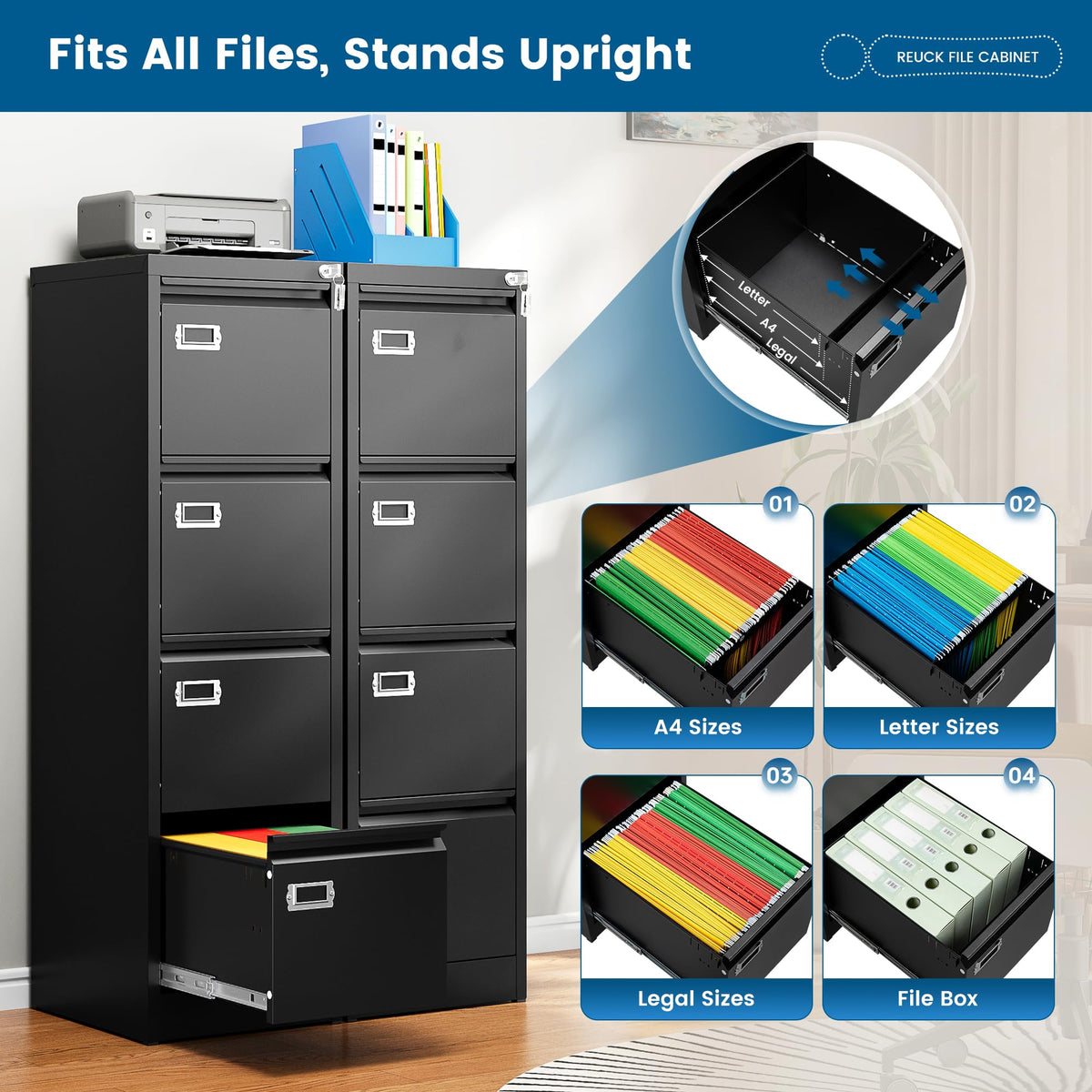 Black 4 Drawer Metal File Cabinet with Lock E59949