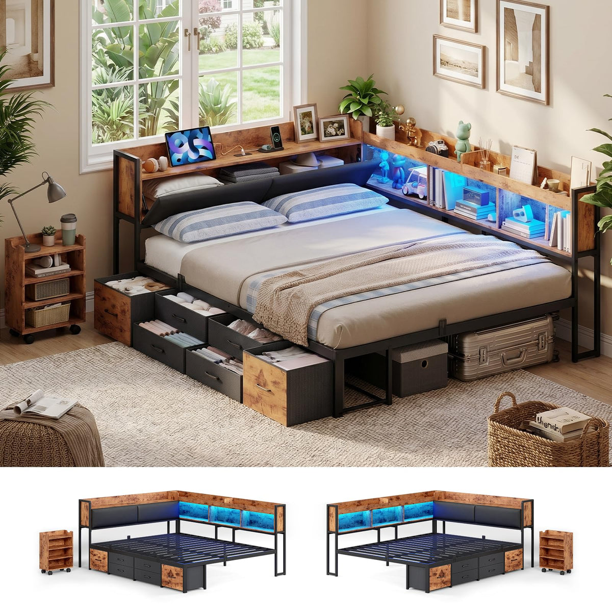 Full Corner Bed Frame with Bookcase Hidden Storage Pull-Out Cabinet Charging Station J1449