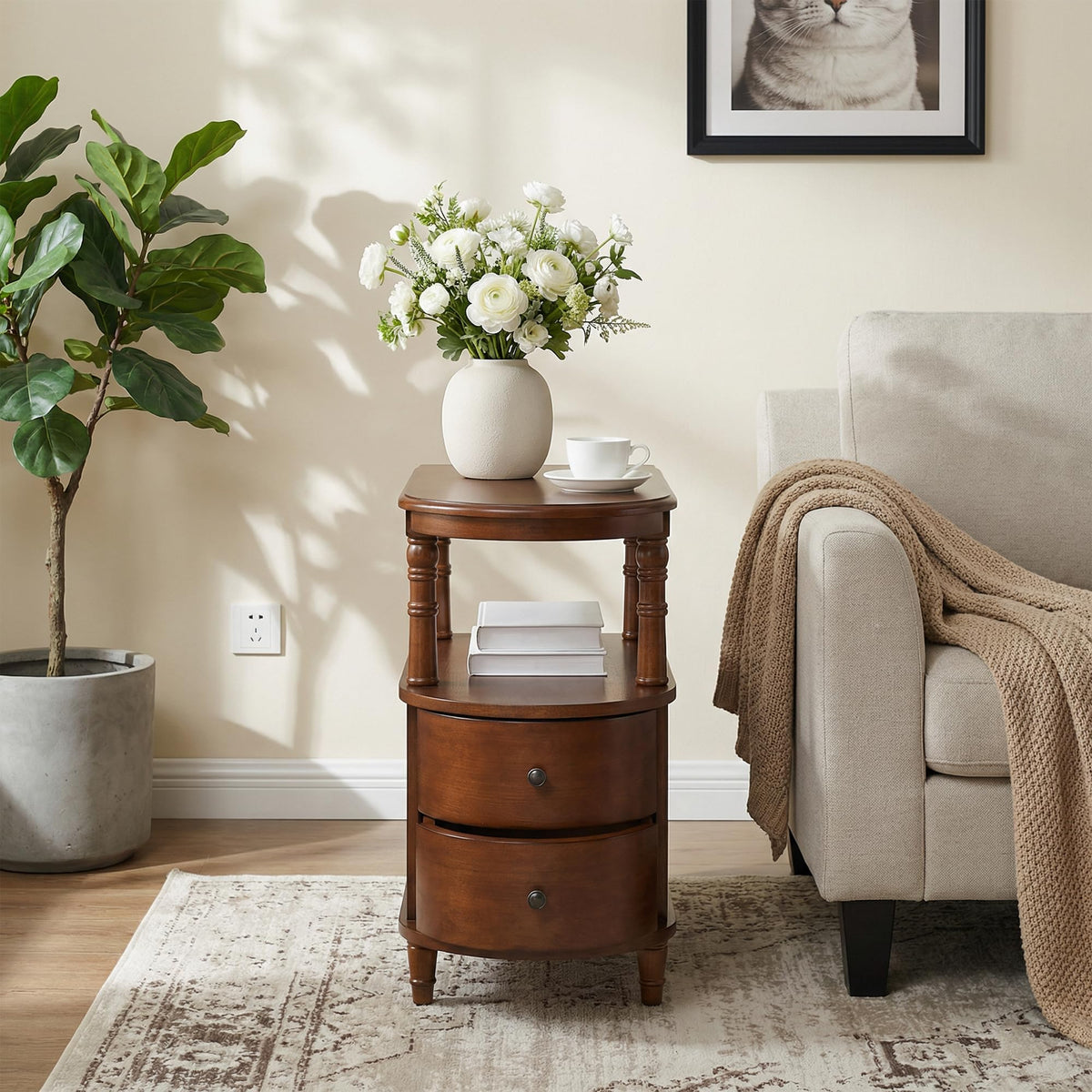Narrow Solid Cherry Wood Side Table with Drawers P604515