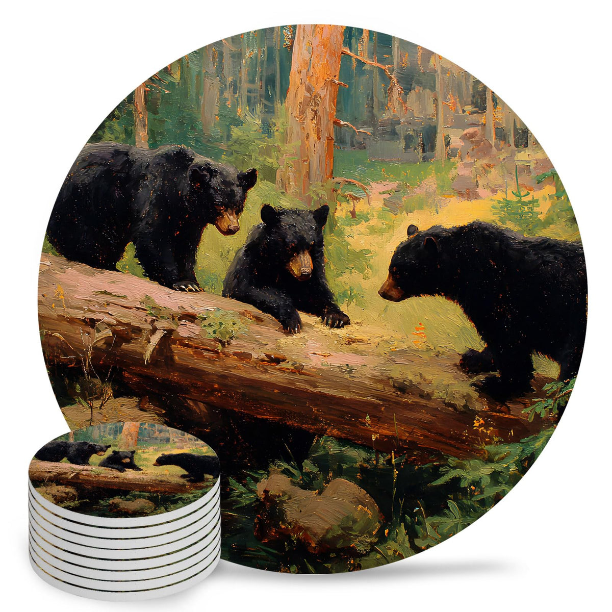 Set of 8 Rustic Black Bears Absorbent Ceramic Coaster with Cork Base R21522