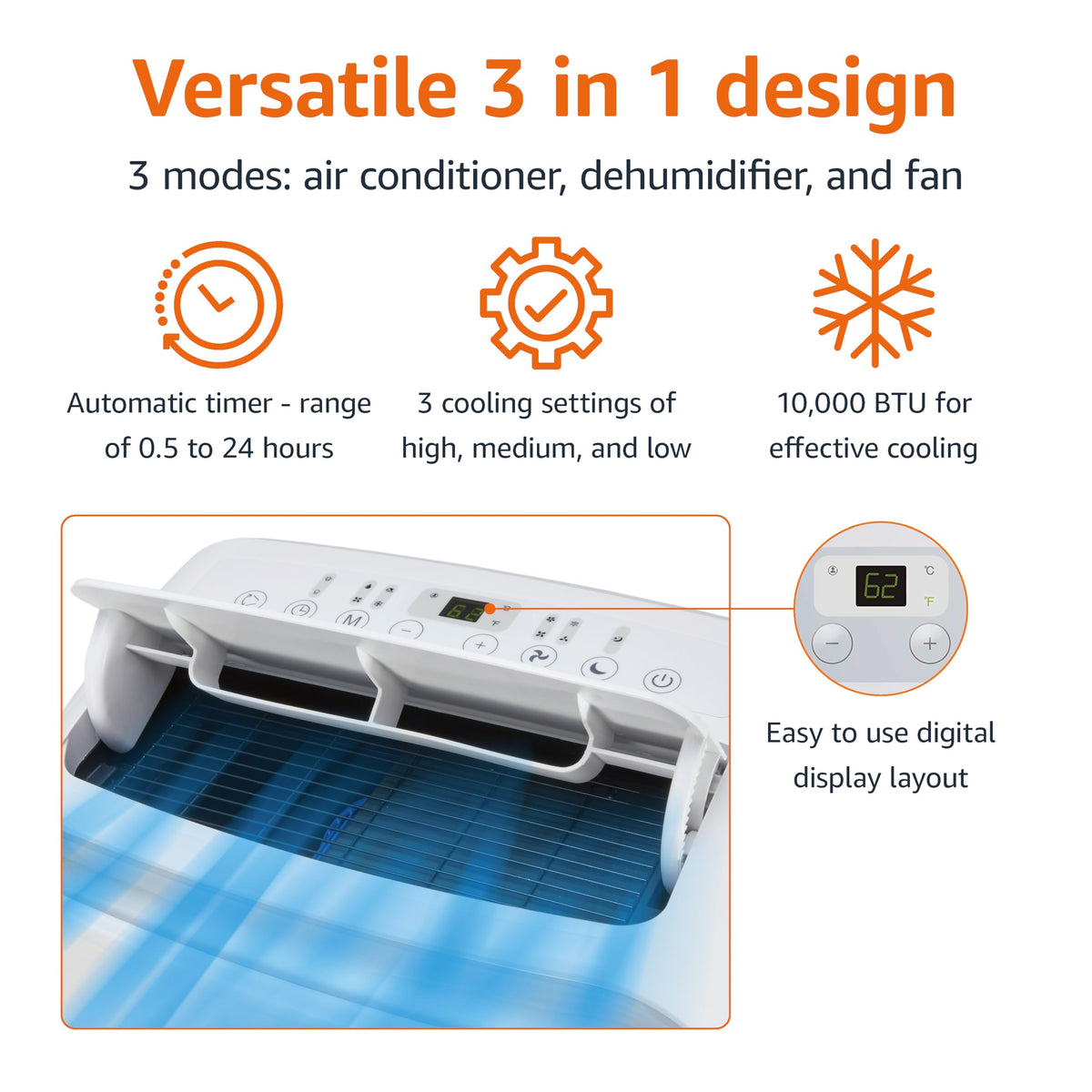3-In-1 Portable Air Conditioner with Remote, 10000 BTU, White D697532