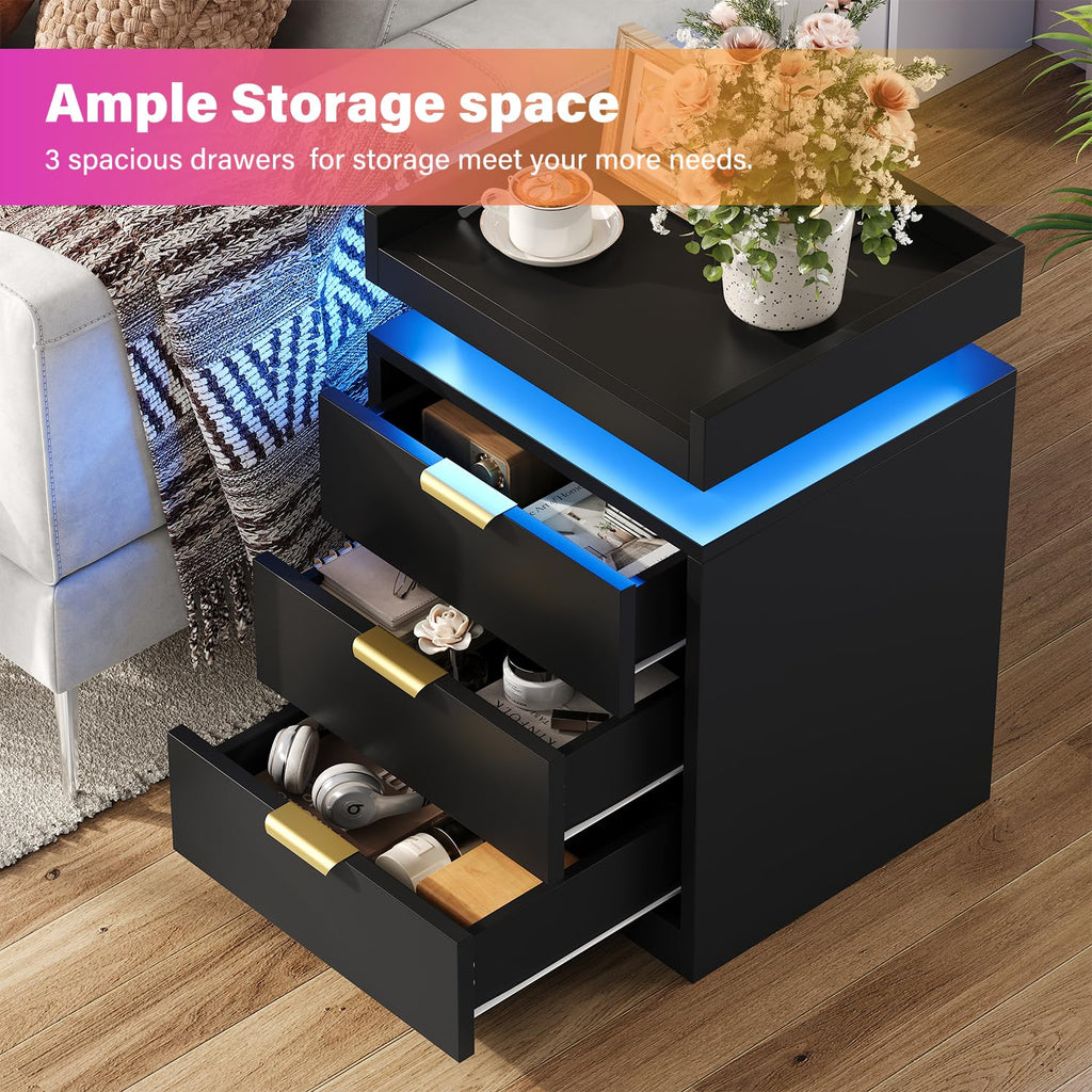 Black 3 Drawer LED Nightstand with Charging Station Z213313