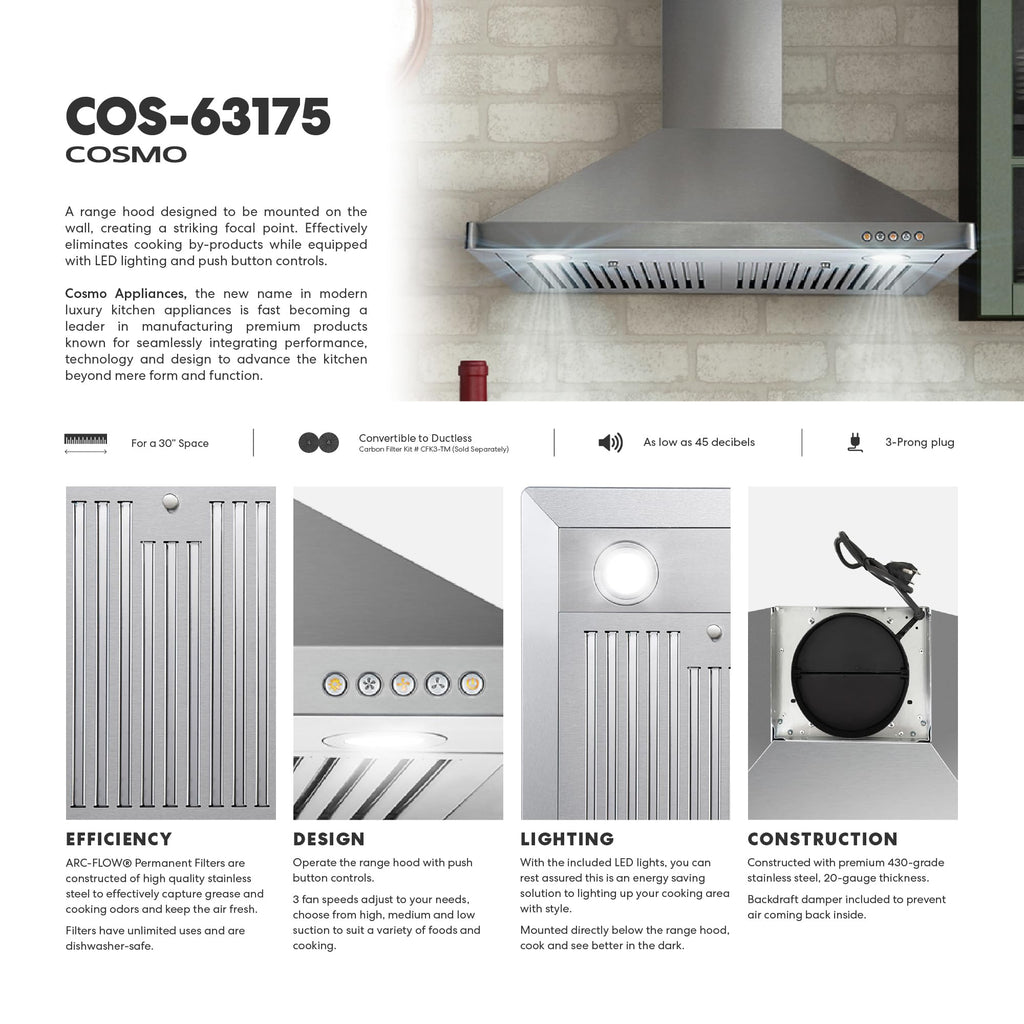 30 in. 380 CFM Ducted Wall Mount Range Hood Stainless Steel E493