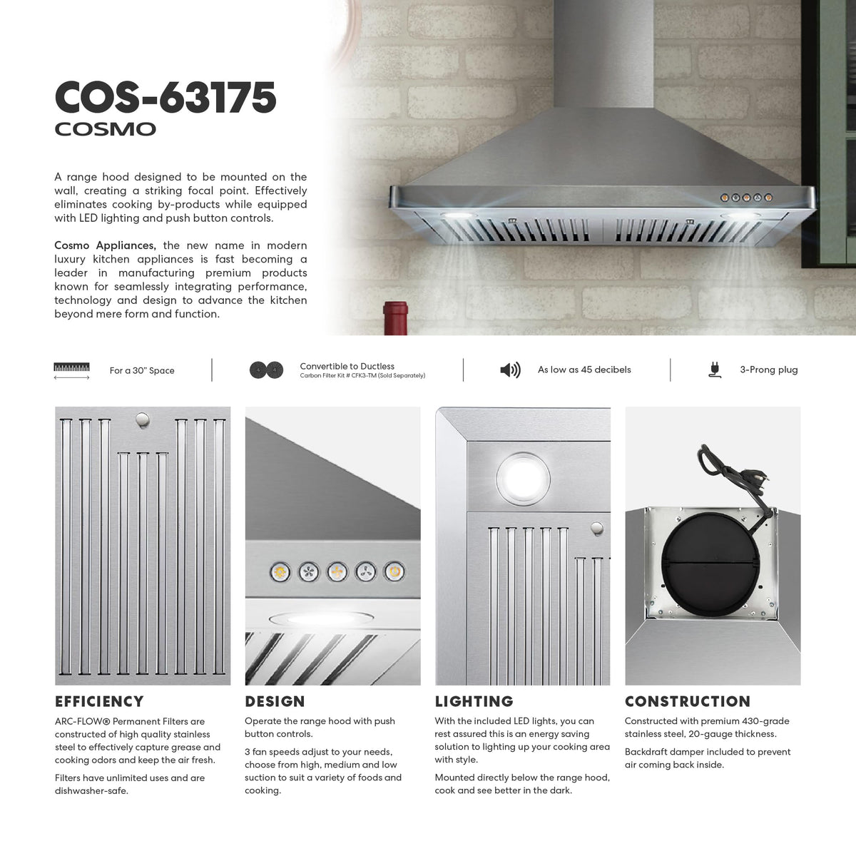 30 in. 380 CFM Ducted Wall Mount Range Hood Stainless Steel E493
