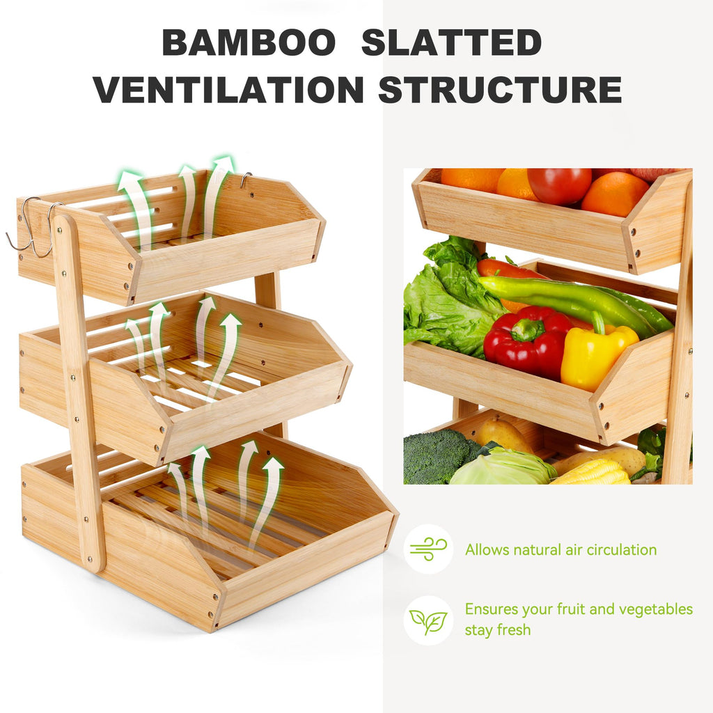 3 Tier Bamboo Fruit Basket with 2 Banana Hangers L37023