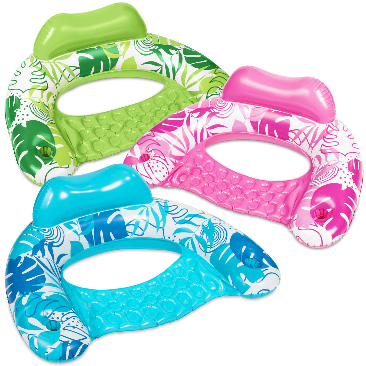 Inflatable Pool Floats 3 Pack with Cup Holders Blue Green Pink X94528