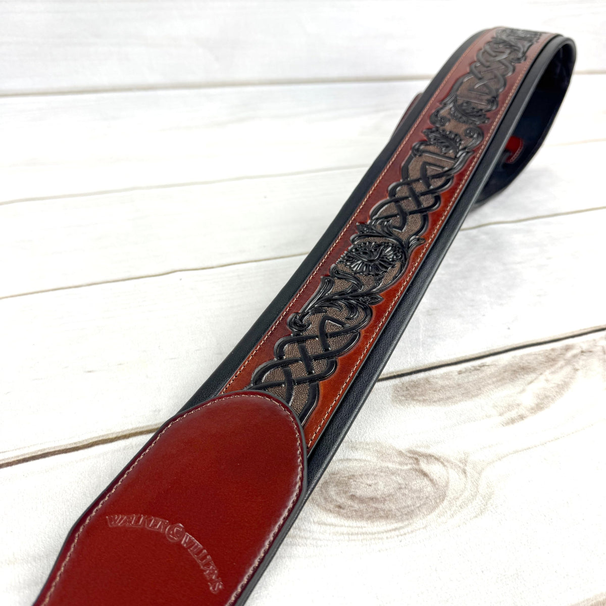 Whiskey Tan and Brown Full Grain Carving Leather Padded Guitar Strap C384