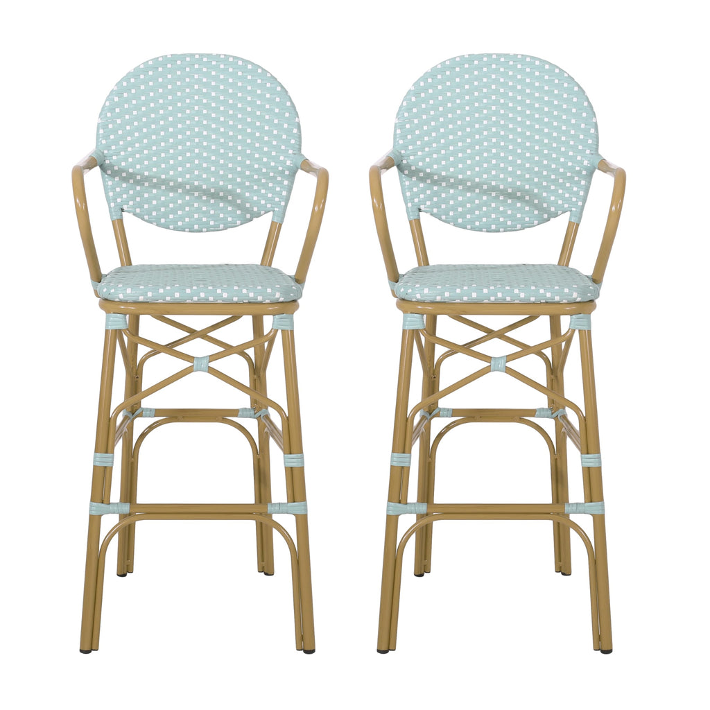 Teal Bamboo Print Wicker Aluminum Bar Stools Set of 2 I690