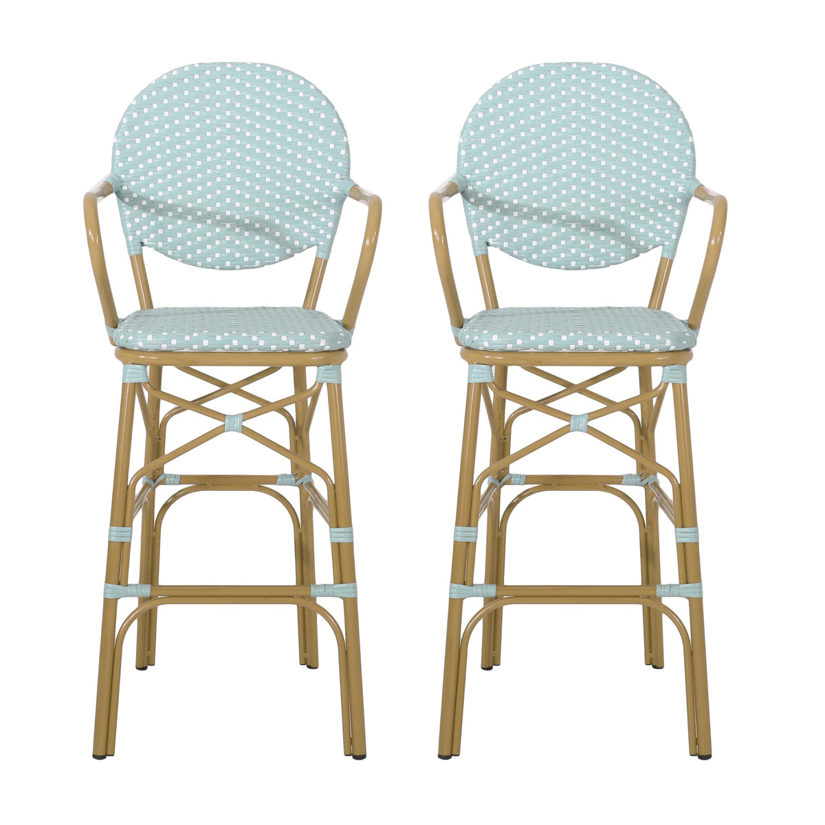 Teal Bamboo Print Wicker Aluminum Bar Stools Set of 2 I690
