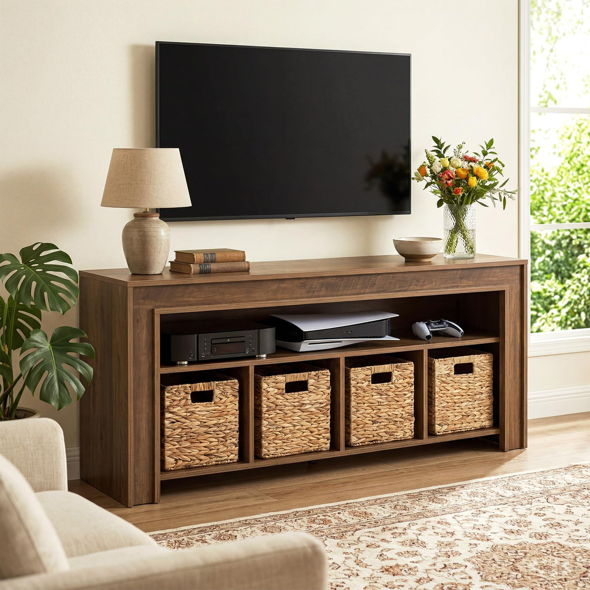 63" Wooden TV Stand with 4 Woven Baskets F10481