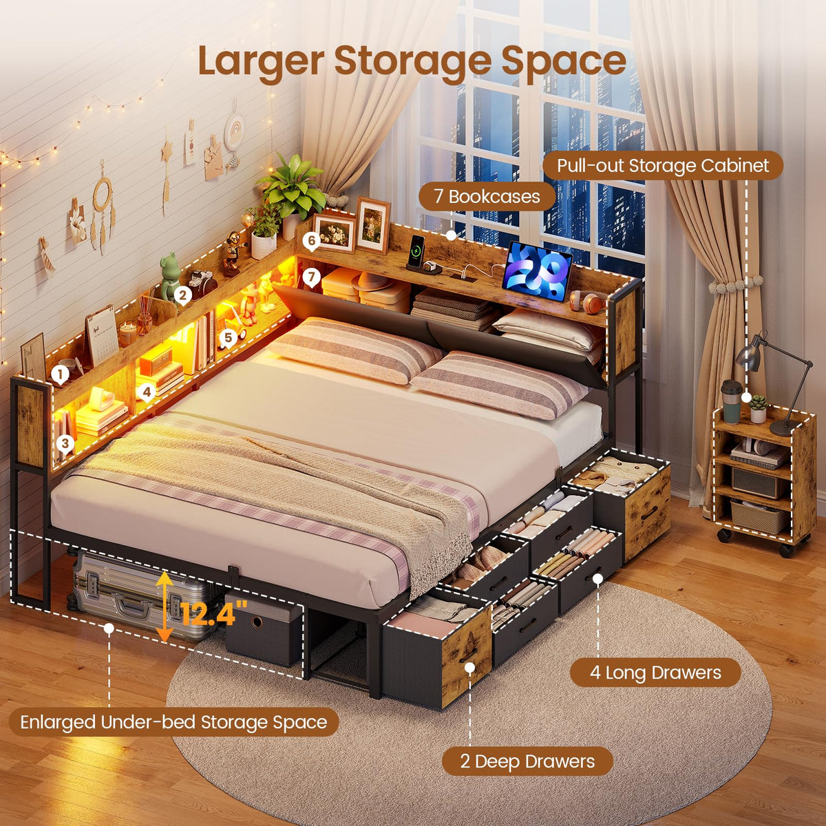 Full Corner Bed Frame with Bookcase Hidden Storage Pull-Out Cabinet Charging Station J1449