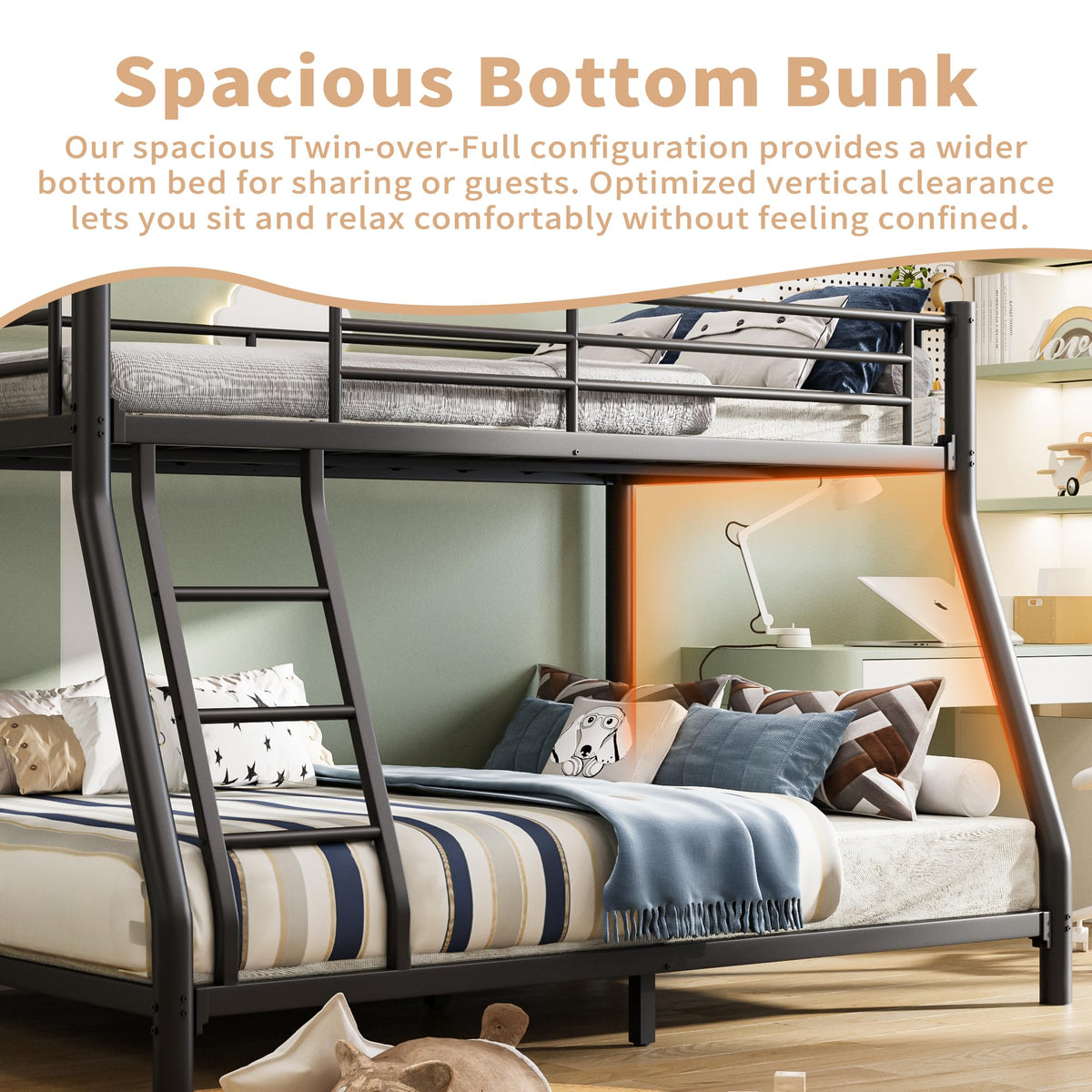 Twin Over Full Metal Bunk Bed with Guardrail and Ladder V832