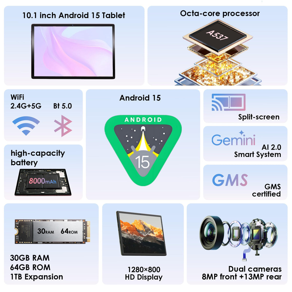 10.1 inch Android 15 Tablet with Drop-proof Case Blue Z7229