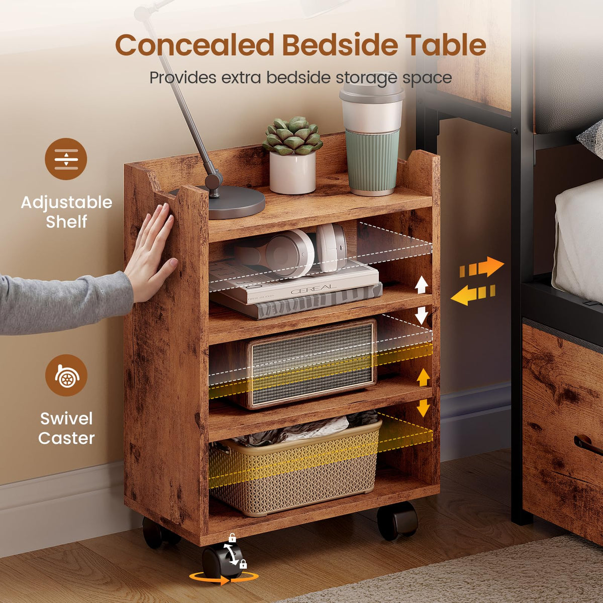 Full Corner Bed Frame with Bookcase Hidden Storage Pull-Out Cabinet Charging Station J1449