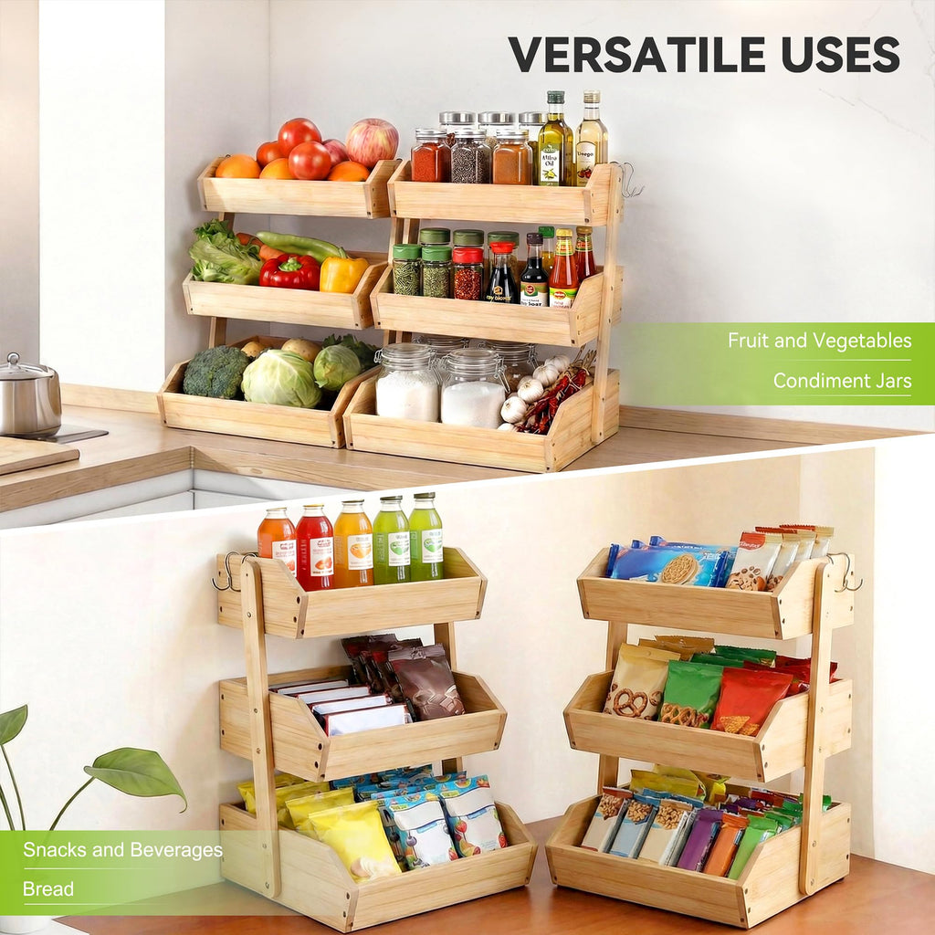 3 Tier Bamboo Fruit Basket with 2 Banana Hangers L37023