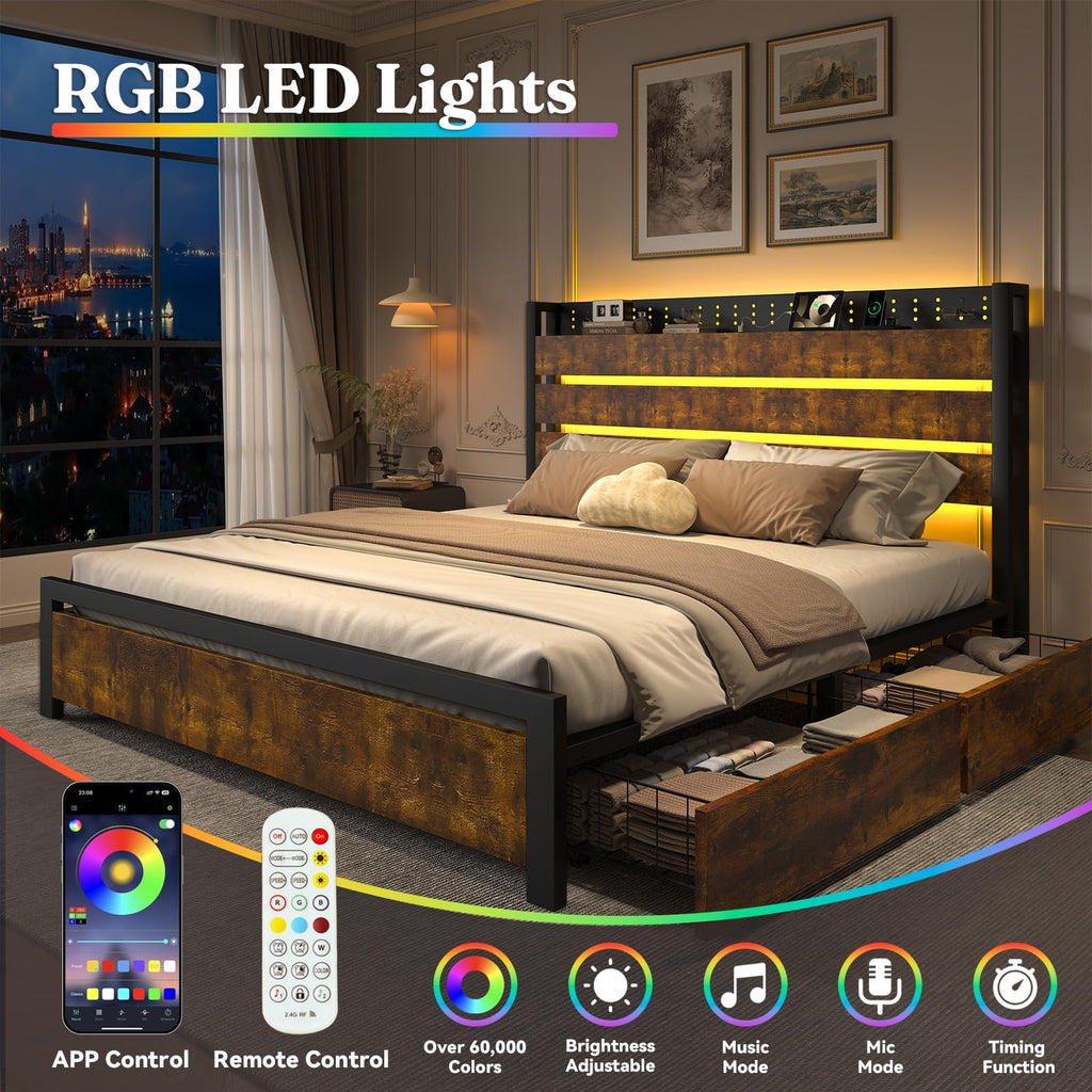 King Size Storage Bed Frame with 4 Drawers, Metal Bed Frame with Headboard Charging Station & Led Lights, Heavy Duty Platform Bedframe, No Box Spring Needed, Noise Free, Easy Assembly, Brown N5740