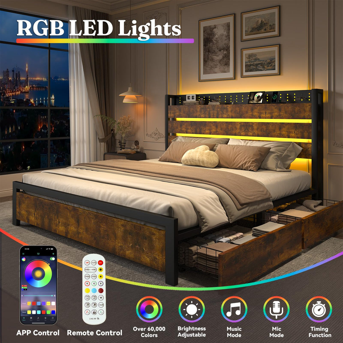 King Size Storage Bed Frame with 4 Drawers, Metal Bed Frame with Headboard Charging Station & Led Lights, Heavy Duty Platform Bedframe, No Box Spring Needed, Noise Free, Easy Assembly, Brown N5740
