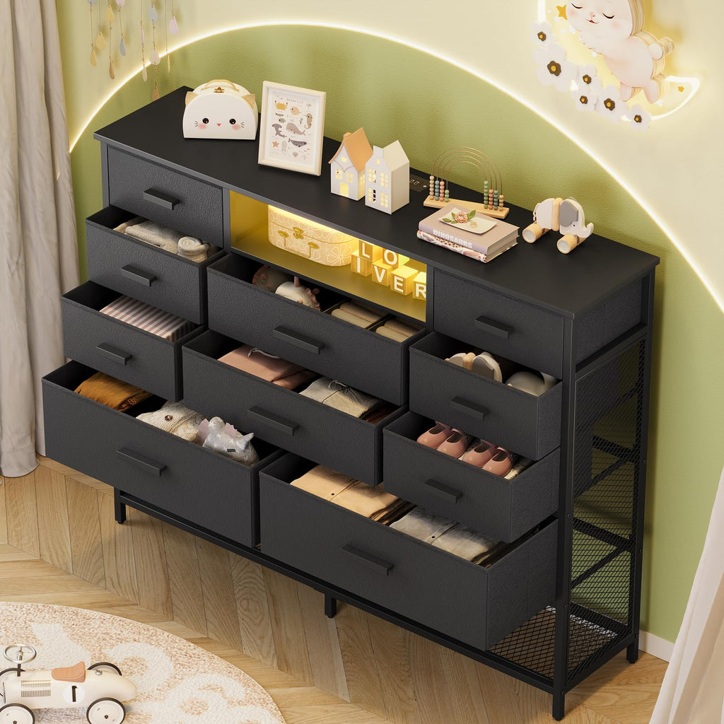 Black 10 Drawer Dresser with Charging Station and LED Light V582680